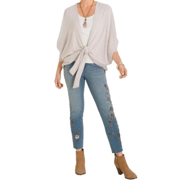 Chicos SZ 1 M 8 Cozy Front Tie dolman batwing sleeve draped Cardigan Blush Pink - Picture 2 of 12